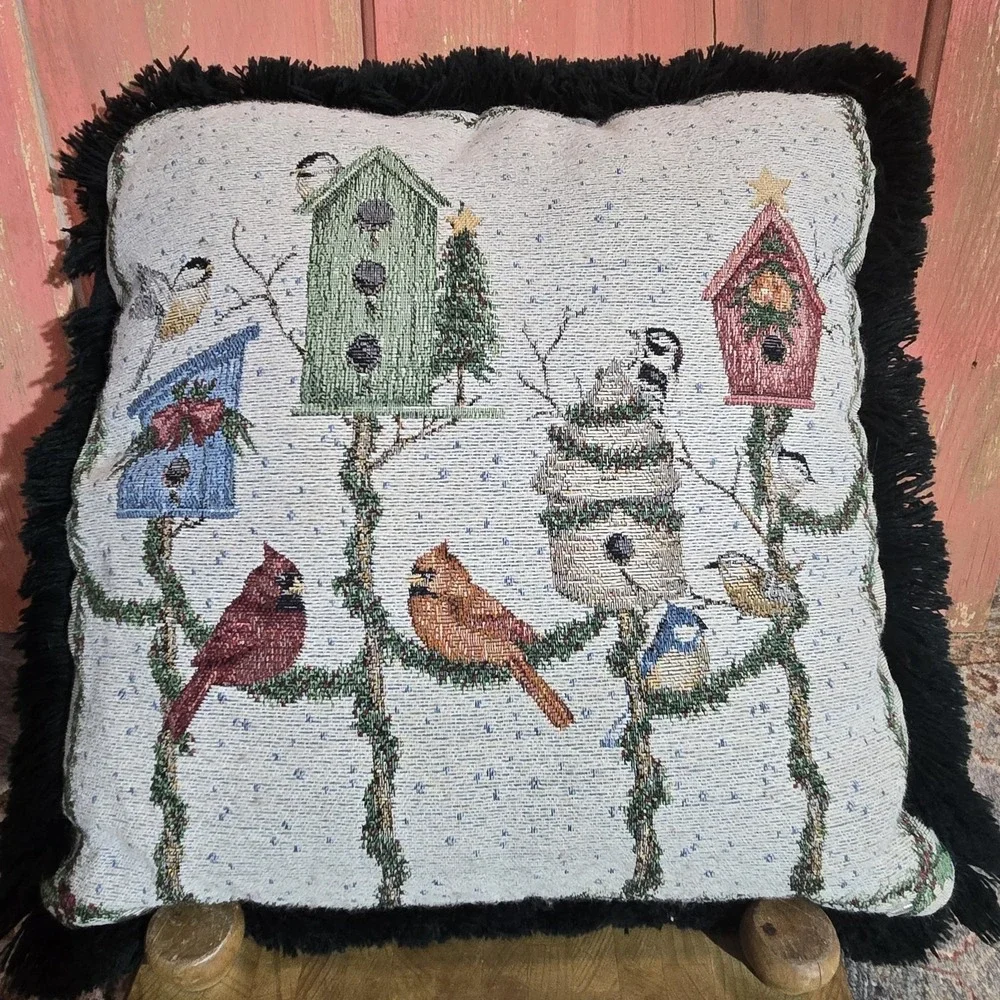 Vintage Christmas Cardinal Birdhouse Tapestry Throw Pillow Fringe Cottagecore